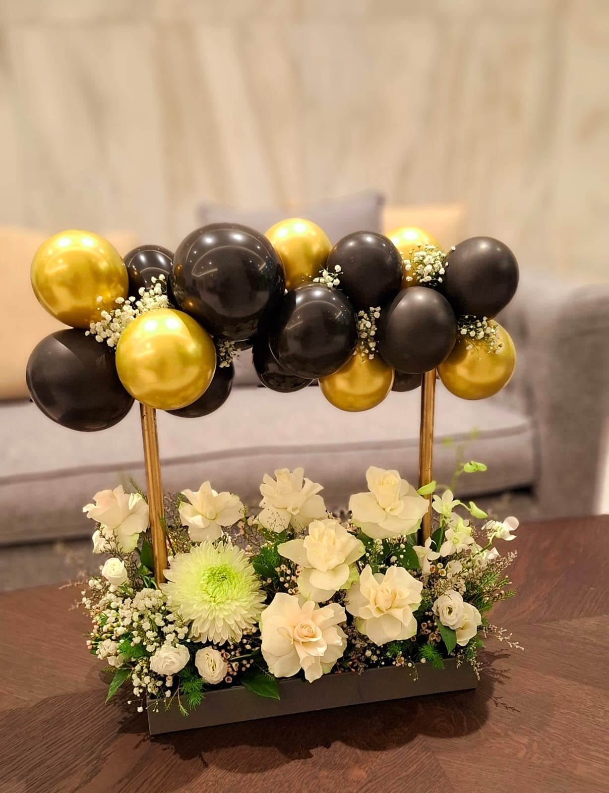 Luxury Noir & Gold Balloon Flower Arrangement - FlowerSouq