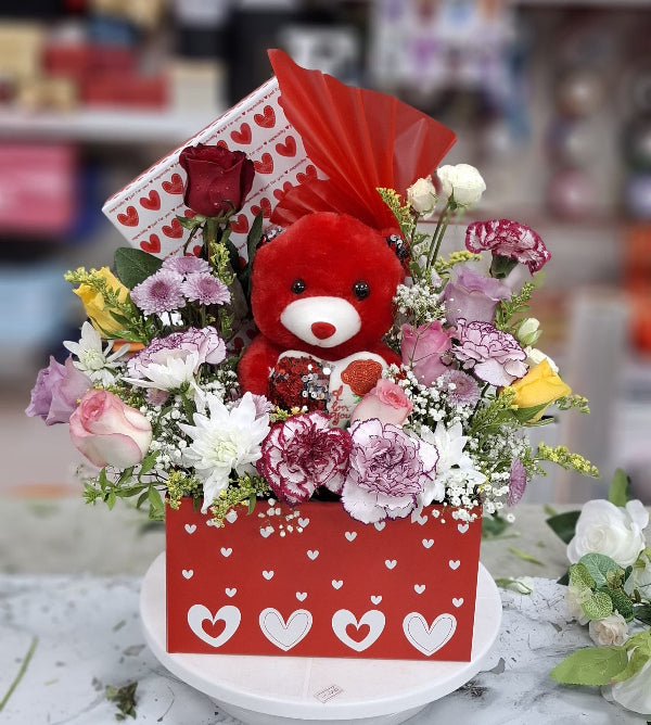 Love Blossom Teddy Flower Box - FlowerSouq