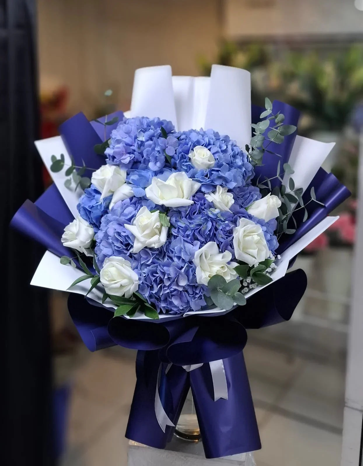 Blue Hydrangea & White Rose Harmony Bouquet - FlowerSouq