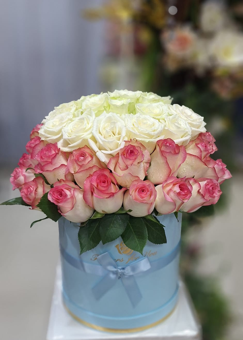 Luxury White & Pink Roses Box | Elegant Rose Arrangement Dubai - FlowerSouq