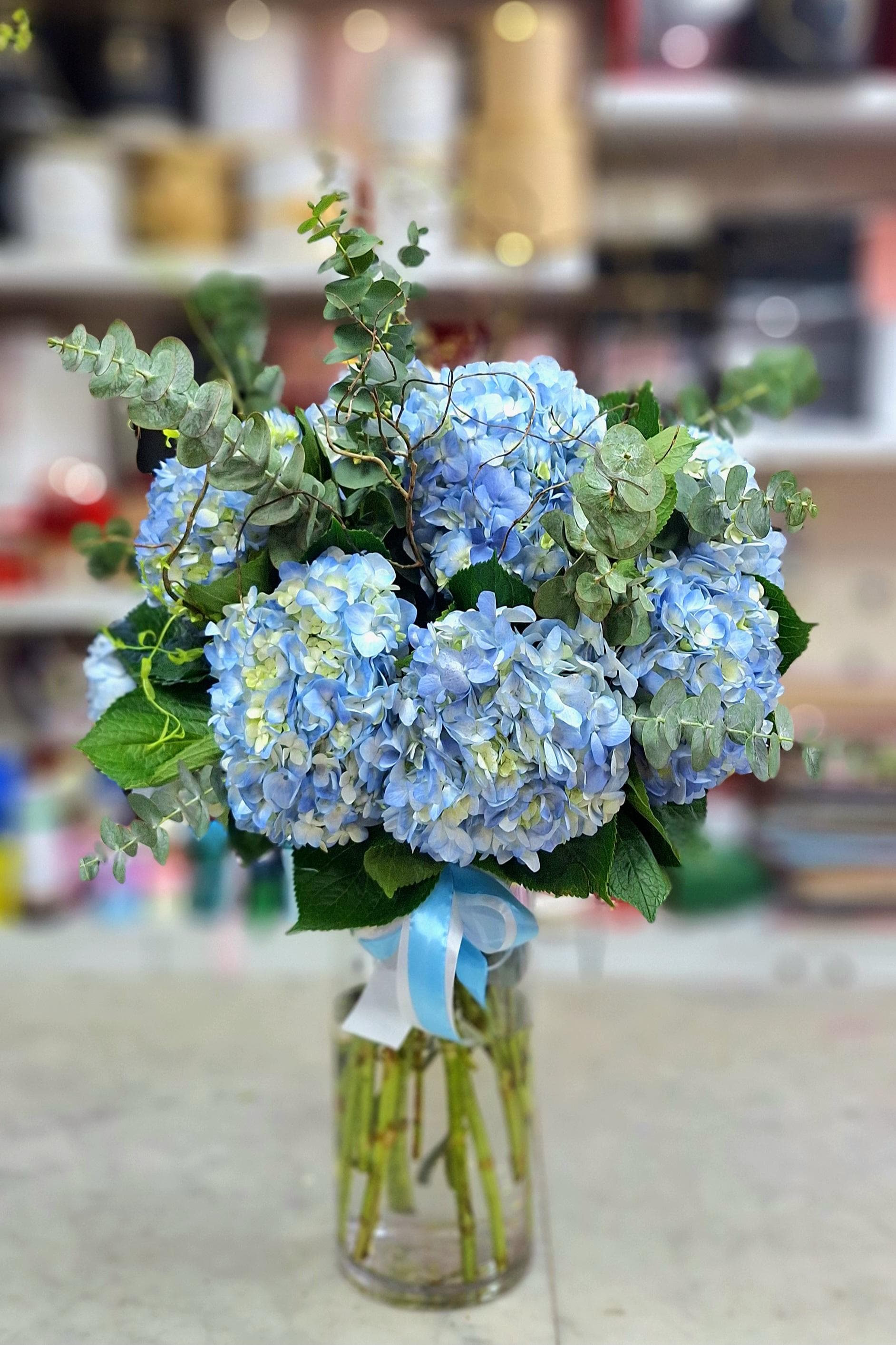 Luxury Blue Hydrangea Vase Arrangement - FlowerSouq