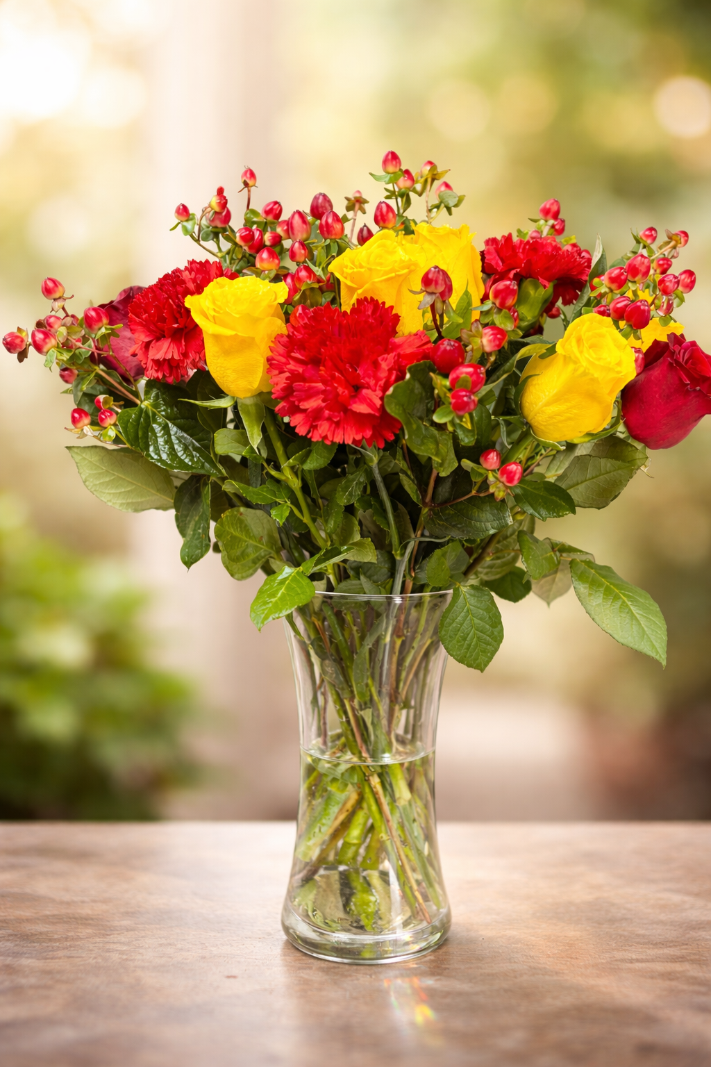 Golden Ruby Bloom Vase – Yellow Roses, Red Carnations & Hypericum - FlowerSouq
