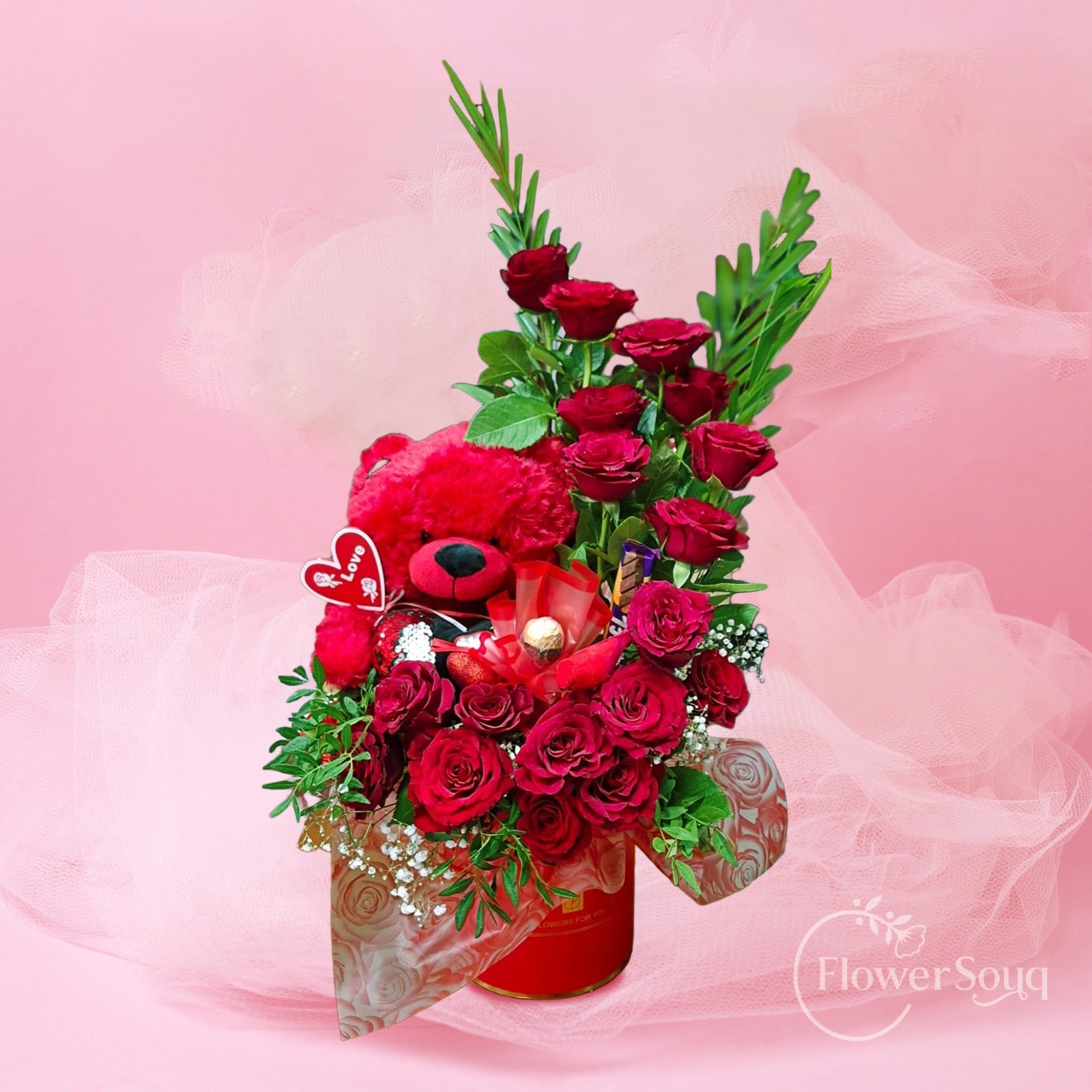 Love Box Arrangement with Teddy & 20 Red Roses - FlowerSouq