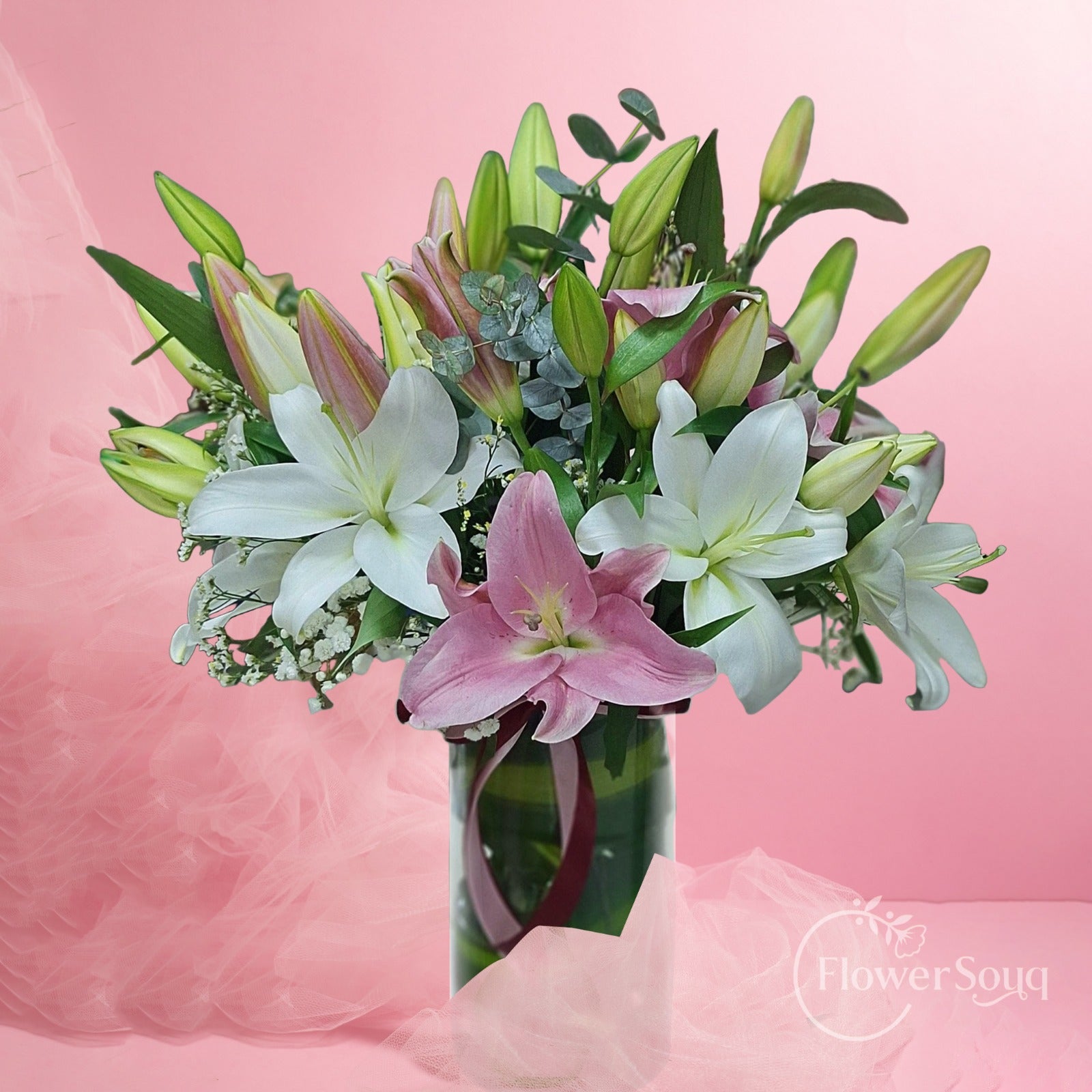 Elegant Pink & White Lily Vase Arrangement - FlowerSouq