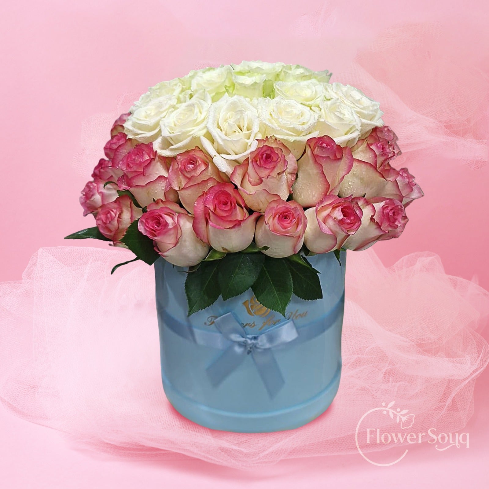 Luxury White & Pink Roses Box | Elegant Rose Arrangement Dubai - FlowerSouq