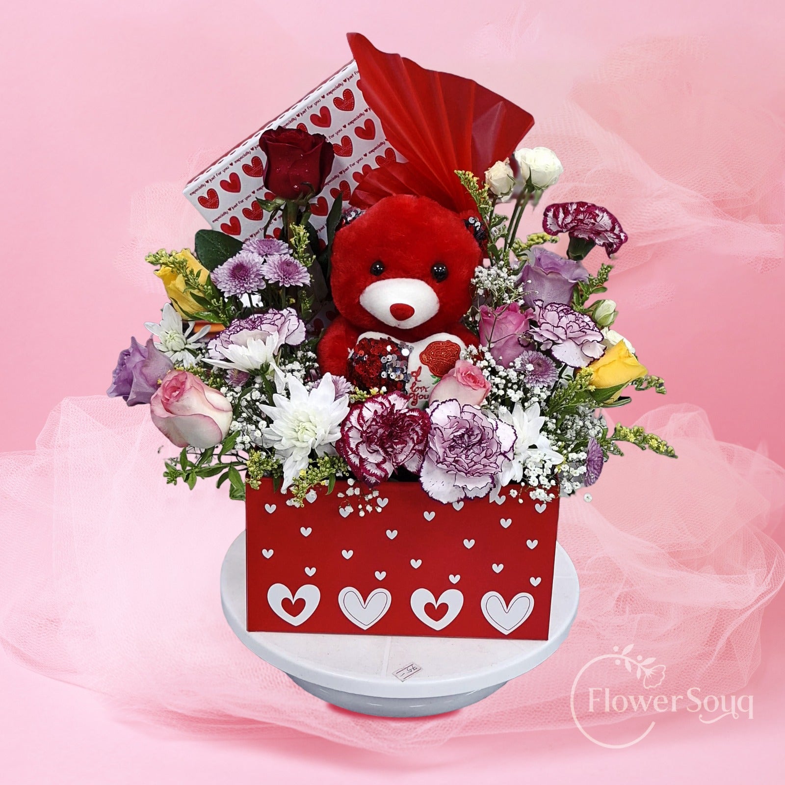 Love Blossom Teddy Flower Box - FlowerSouq
