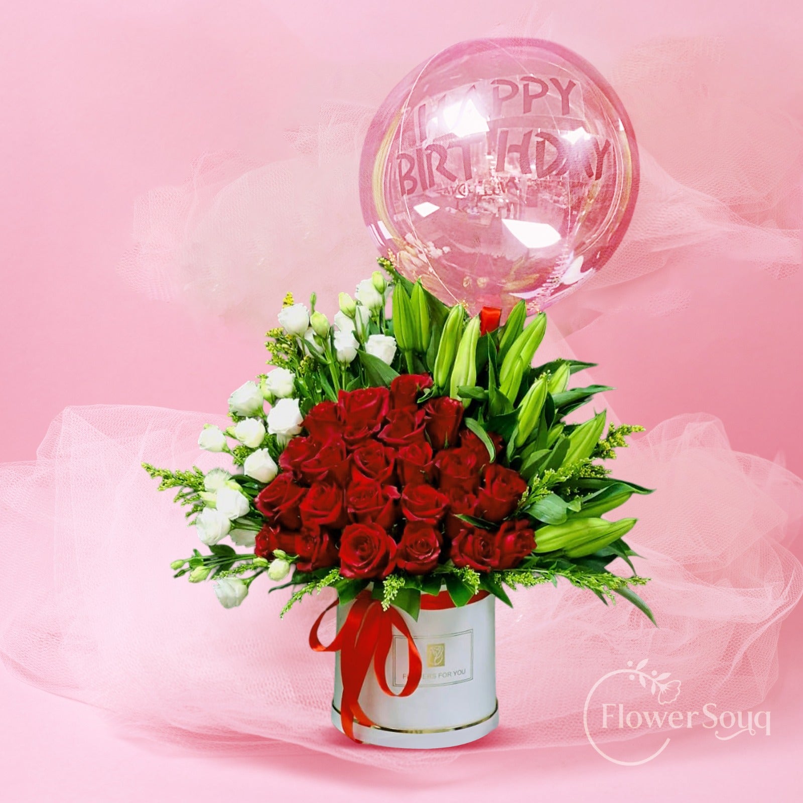 Birthday Bloom Luxury Rose Box – Red Roses, White Lilies, Lisianthus & Balloon - FlowerSouq