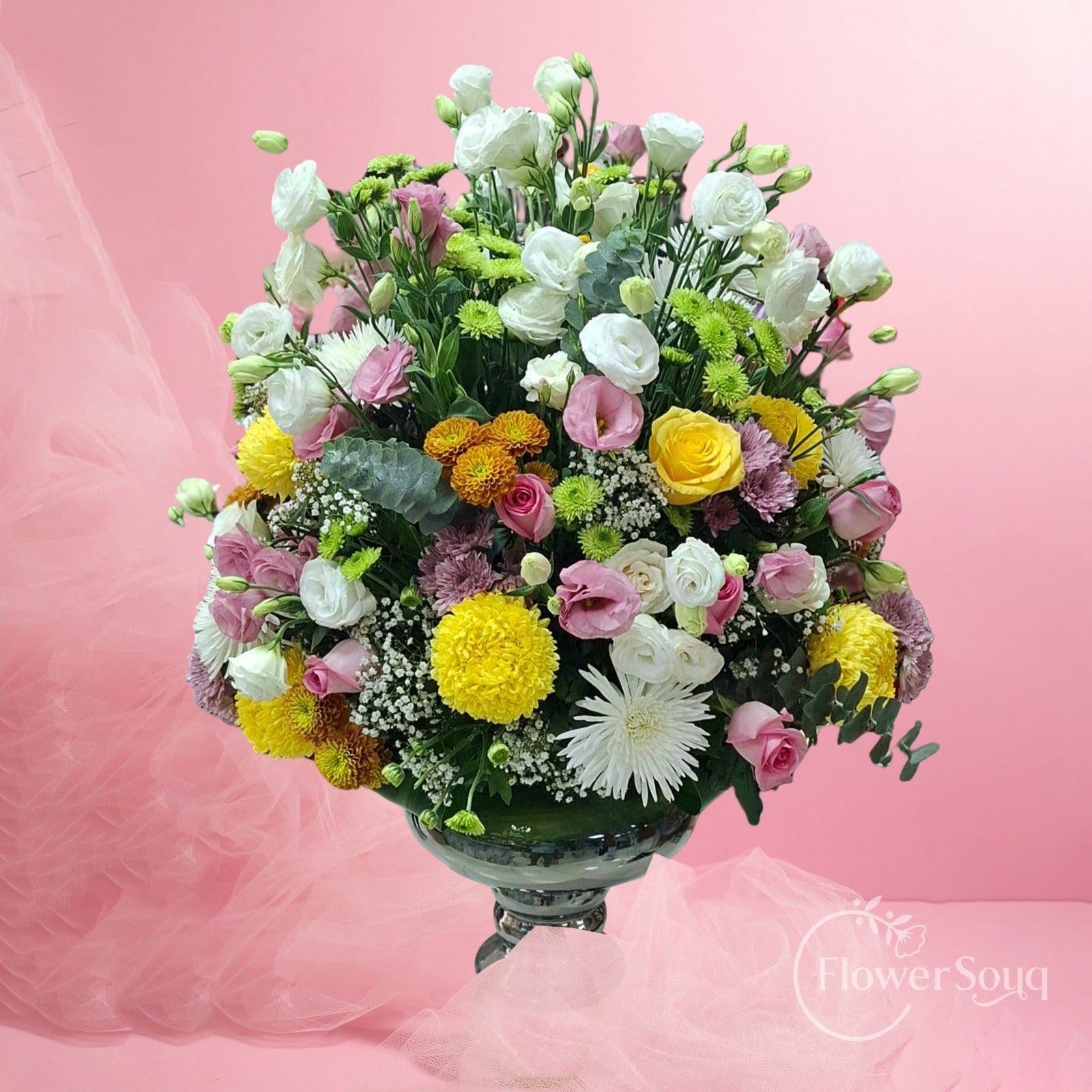 Garden Harmony Mixed Flower Vase – Roses, Lisianthus & Chrysanthemums - FlowerSouq