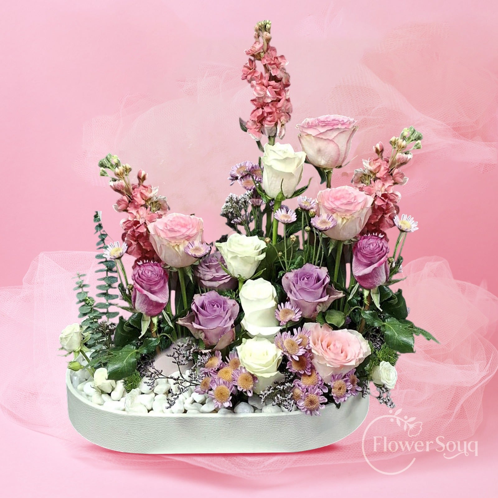 Pastel Garden Rose Tray – White, Pink & Purple Roses with Matthiola - FlowerSouq