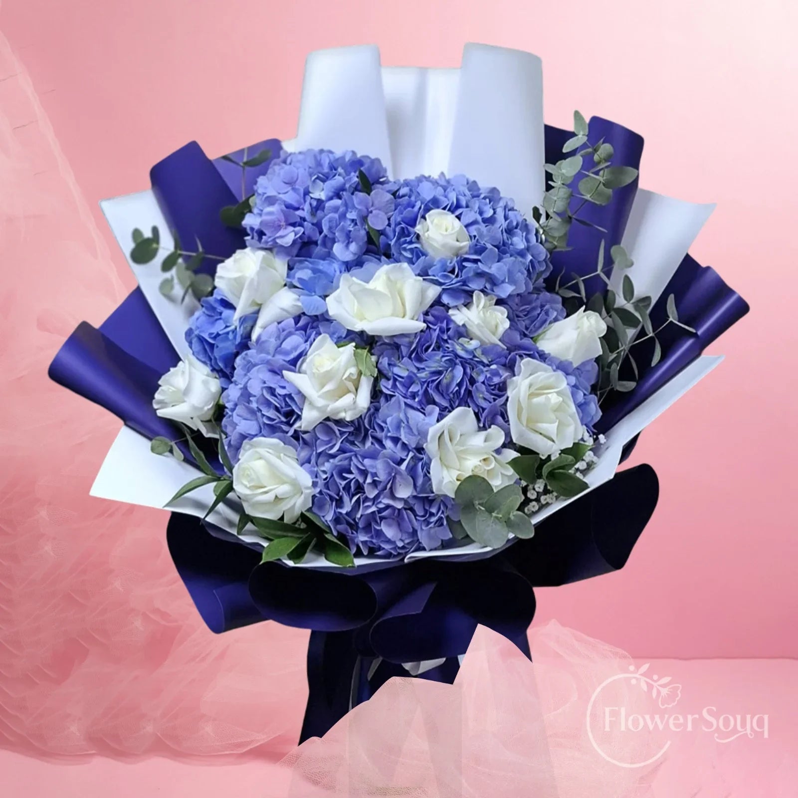Blue Hydrangea & White Rose Harmony Bouquet - FlowerSouq