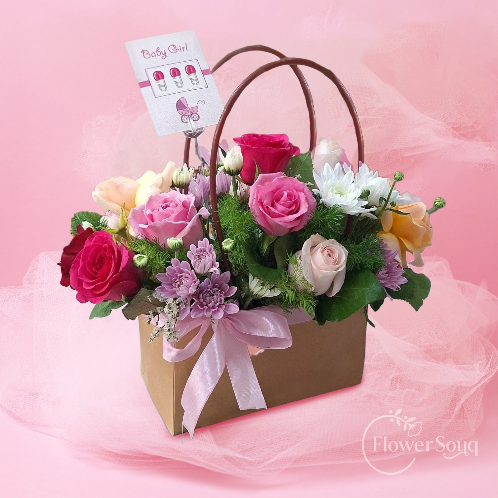 Pink & Peach Bloom Bag Arrangement - FlowerSouq
