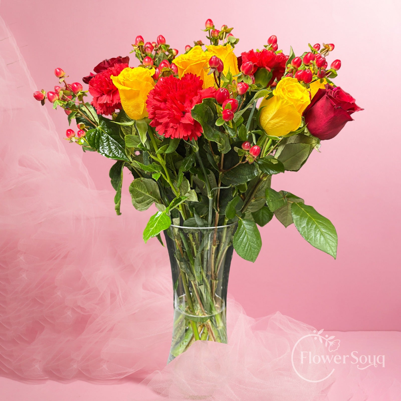Golden Ruby Bloom Vase – Yellow Roses, Red Carnations & Hypericum - FlowerSouq