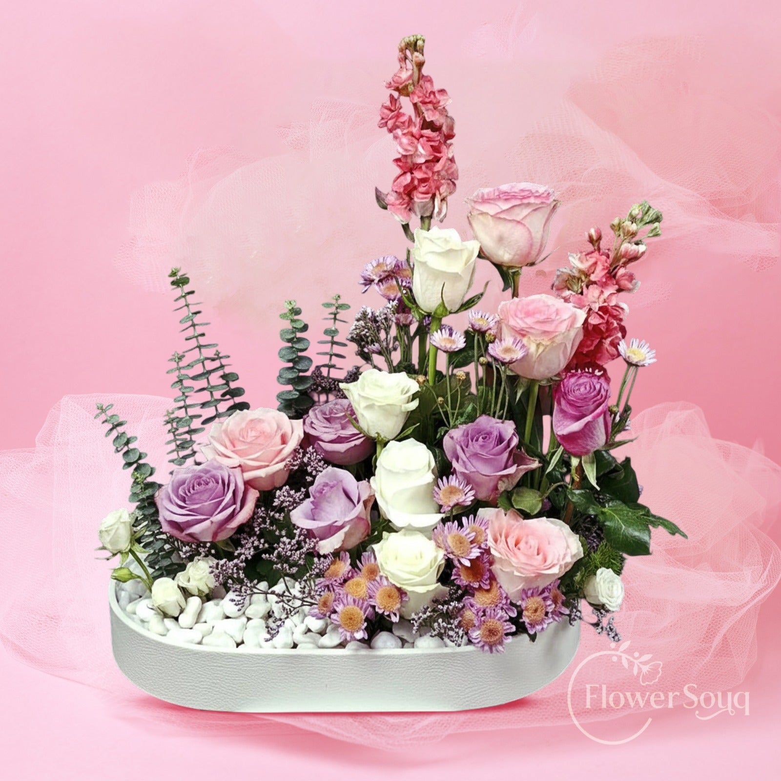 Pastel Garden Rose Tray – White, Pink & Purple Roses with Matthiola - FlowerSouq