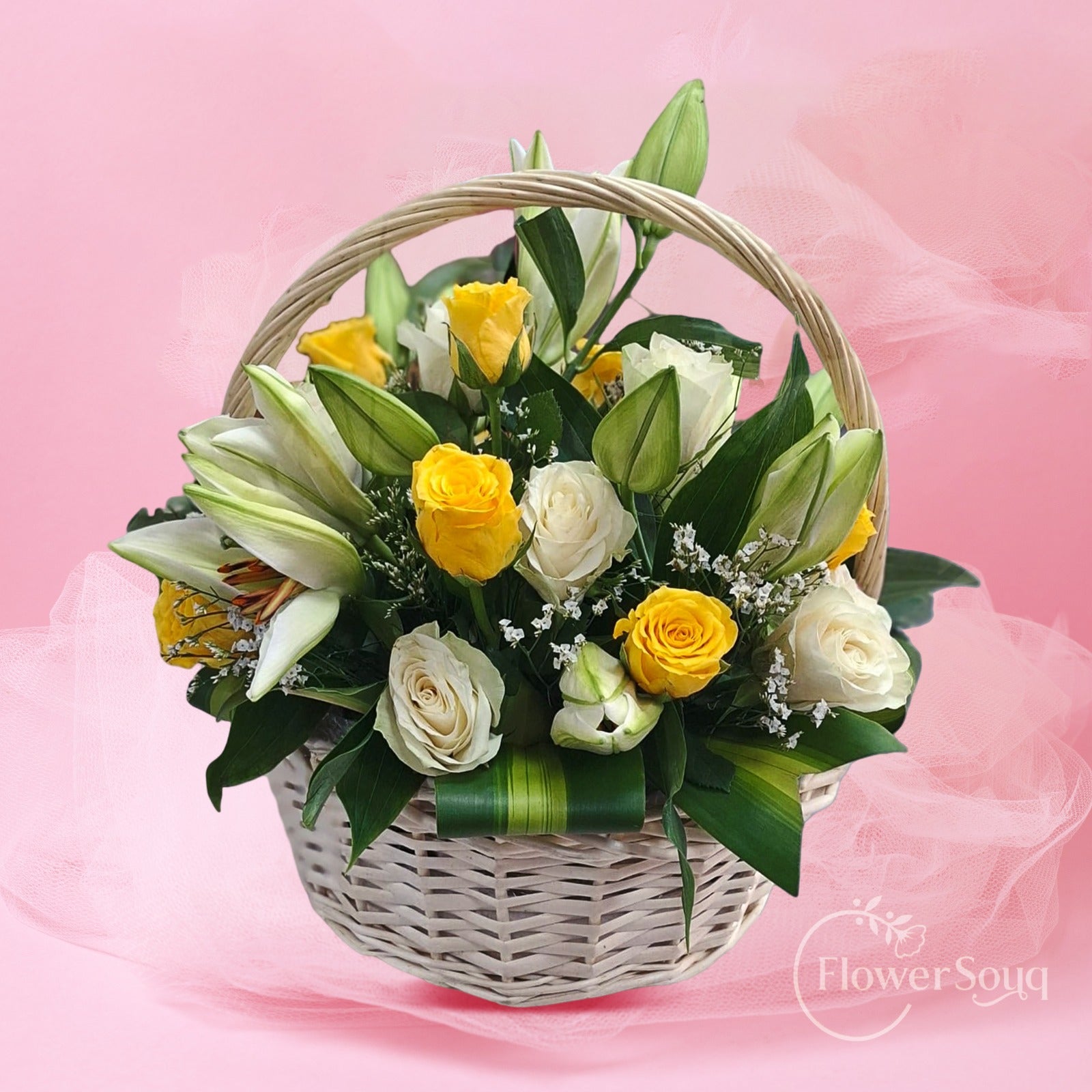 Sunshine Grace Flower Basket – White & Yellow Roses with White Lilies - FlowerSouq