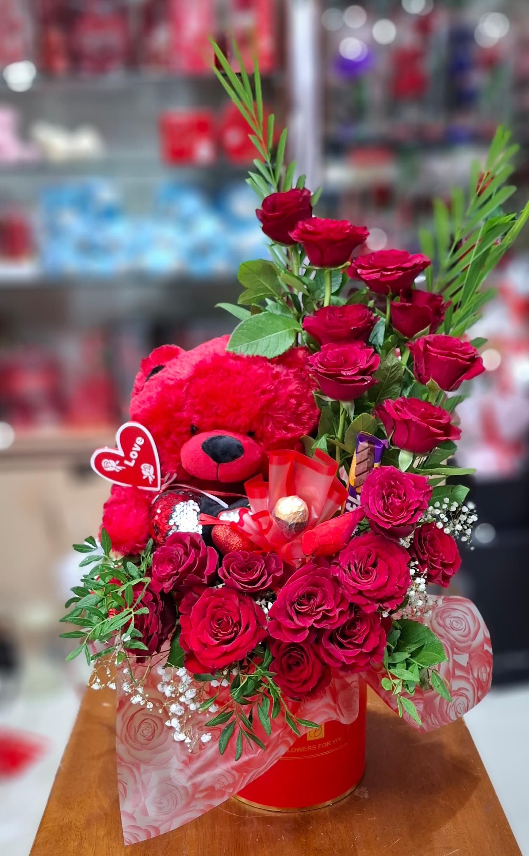 Love Box Arrangement with Teddy & 20 Red Roses - FlowerSouq