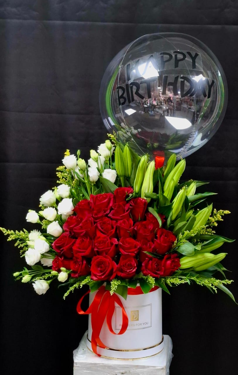 Birthday Bloom Luxury Rose Box – Red Roses, White Lilies, Lisianthus & Balloon - FlowerSouq